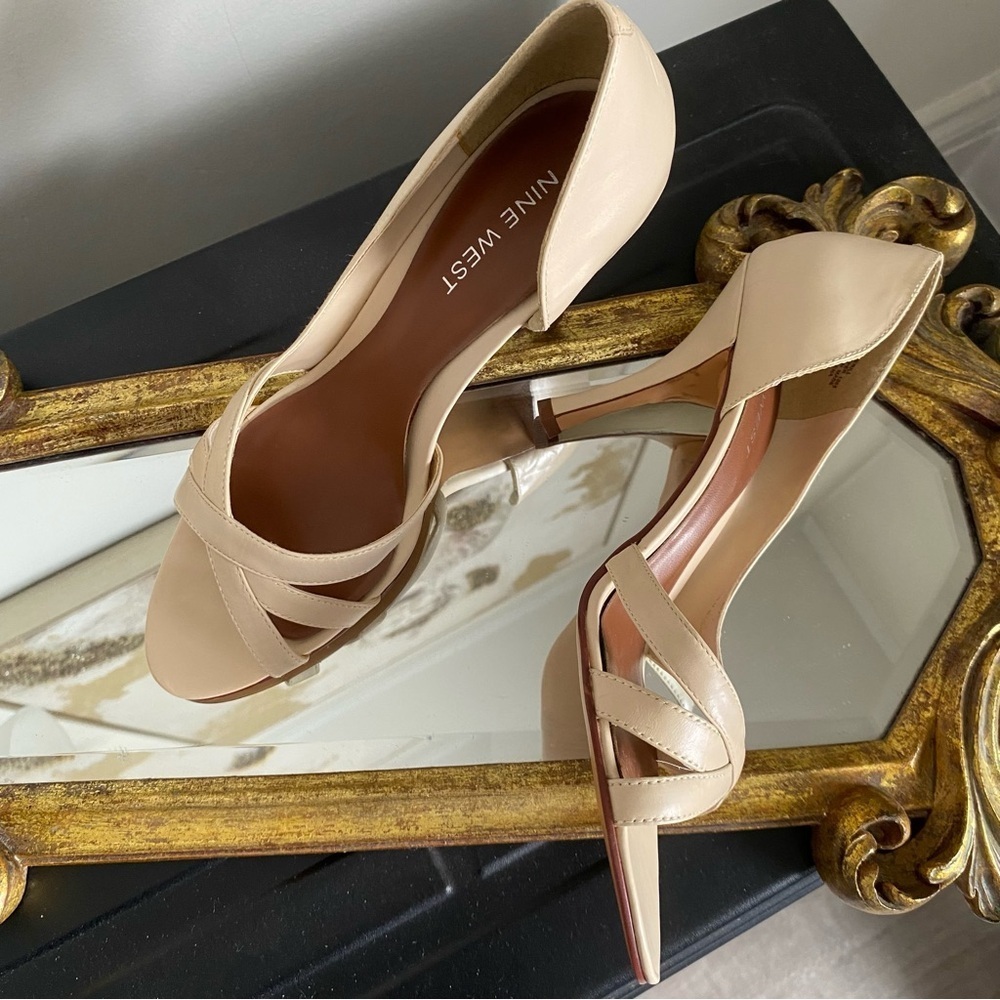 NINE WEST BEIGE LEATHER OPEN TOE HEEL SHOES